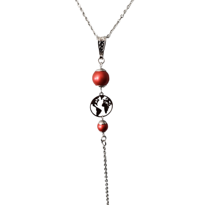 Collier pendentif PLANETE TERRE acier inoxydable perle rouge
